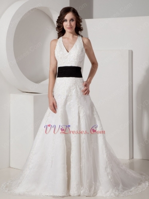 Halter V Neck Cross Back Wedding Dress Lace Emberllishments