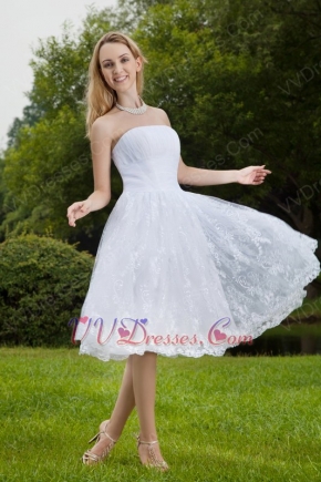 White Strapless Knee-length Short Lace Beach Wedding Dress