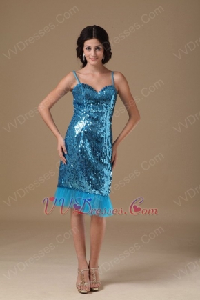 Tea Length Flaring Sequin Fabric Peacock Blue Prom Party Dress