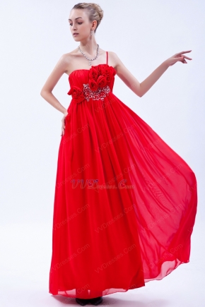 One Shoulder Rosette Decorate Scarlet Chiffon Prom Dress