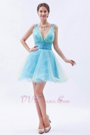 Colorful V-Neck Light Blue Custom Make Short Prom Dress
