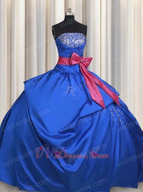 Puffy Royal Blue Taffeta Stage Quinceaner Court Gown With Fuchsia Bowknot