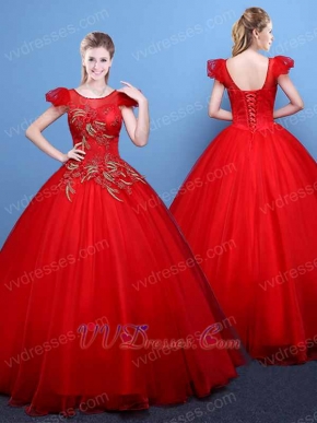 Pretty Scarlet Flat Tulle Stage Puffy Ball Gown With Bubble Cap Sleeve