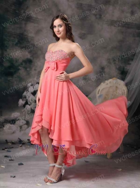Watermelon Sweetheart High-low Prom Dress With Crystlas Short and Long Skirt