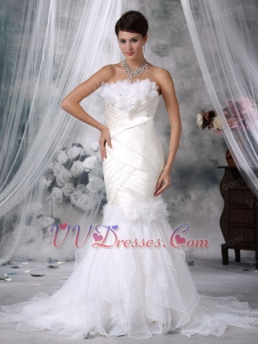Ivory Trumpet Strapless Wedding Dress Handcrafted Flowers Low Price