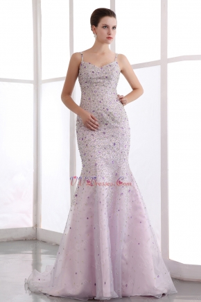 Amazing Spaghetti Straps Trumpet Pink Beaded Evening Dress