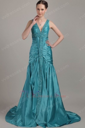 Teal Blue V-neck Customized Tailoring Prom Dress In Texas