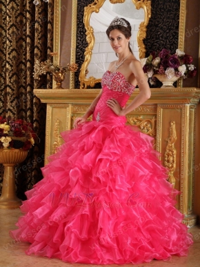 Sweetheart Ruffled Cascade Skirt Hot Pink Quinceanera Dress