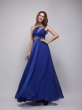 Cerulean Blue Empire One Shoulder Chiffon Prom Evening Dress