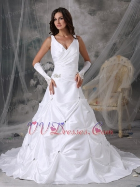 Brand New V-neck Pure White Bridal Gown With Crystals Low Price