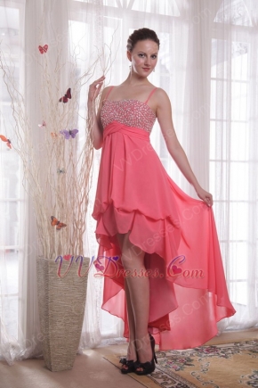 Watermelon Empire Straps High-low Chiffon Beading Prom Dress