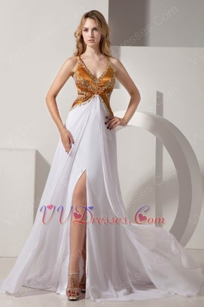 Inexpensive Straps Backless Gold And White Evening Dress