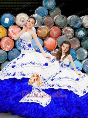 Western Style White and Royal Blue Quinceanera Gowns Set Ball Gown/Flower Girl/Doll