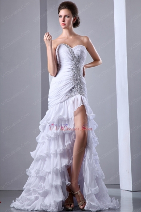 Ruffled Layers Skirt White Evening Dress With High Split