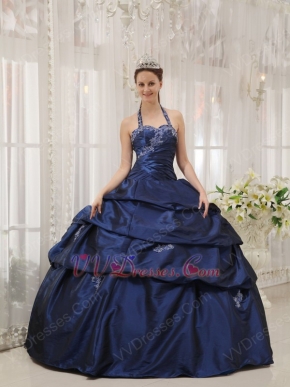 Navy Blue Halter Floor Length Designer Quinceanera Dress