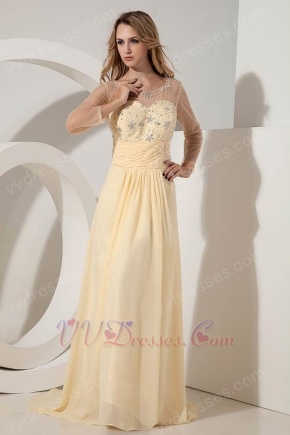 Modest Scoop Beaded Yellow Long Sleeves Evening Dress