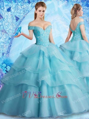 Off Shoulder Elastic Mesh Tape/Horsehair Layers Fluffy Ice Blue Quinceanera Ball Gown