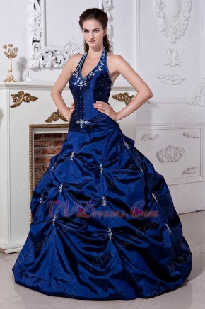 Best Halter Corset Dark Blue Prom Ball Gown With Embroidery