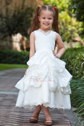 Cheap V-Neck Ball Gown Bubble Lace White Taffeta Flower Girl Dress