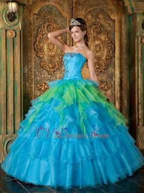 Azure With Spring Green Contrast Layers Skirt Quinceanera Dress