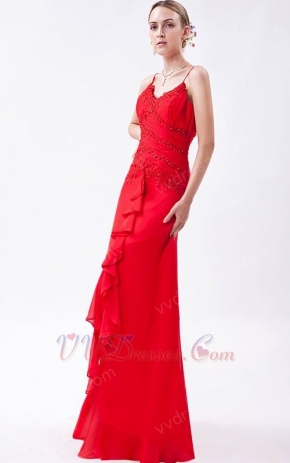 Spaghetti Straps High Low Cascade Front Red Evening Dress