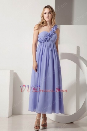 Discount One Shoulder Flower Straps Ruched Bodice Empire A-line Ankle Length Lavender Prom Dress Discount One Shoulder Flower Strap Ankle Length Lavender Prom Dress