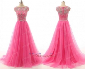 Multilayered A-line Tulle Hot Pink Evening Dress Silver Beading