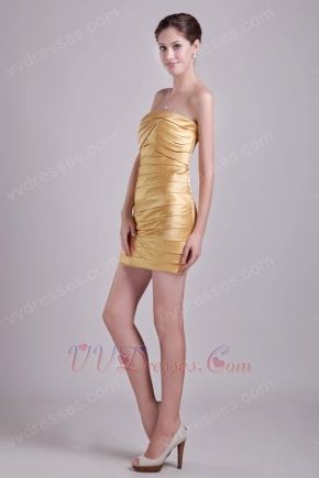 Strapless Pleated Column Silhouette Golden Stain Short Prom Dress