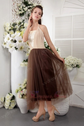 Brown Halter Tea-length Prom Dress With Champagne Lace