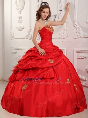 Red Evening Ball Gown With Golden Applique Decorate