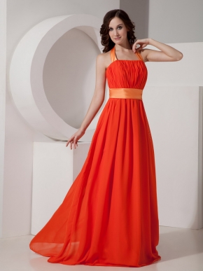 Orange Red Halter Long Chiffon Dress For Prom Party Wear