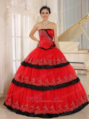 Pretty Lacework Layers Cake Quinceanera Ball Gown Red With Black Detail