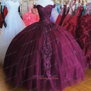 Off Shoulder Sweetheart Puffy Burgundy Tulle Quinceanera Cake Ball Gown With Applique