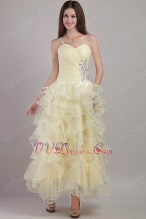 Prom Dress Side Beaded Light Yellow Ruffles Organza Skirt