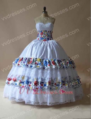 Colorful Embroidery and Lace Floor Length Princess Celebrity Cake Ball Gown White