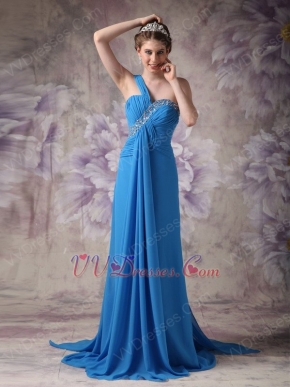 Beautiful One Shoulder Dodger Blue Prom Dress With Front Drap