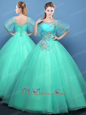 Mint Green See-Through Tulle Scoop Neck and Bubble Sleeves Court Ball Gowns