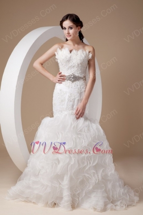 Mermaid Ruffled Organza Skirt Feather Emberllish Wedding Dress