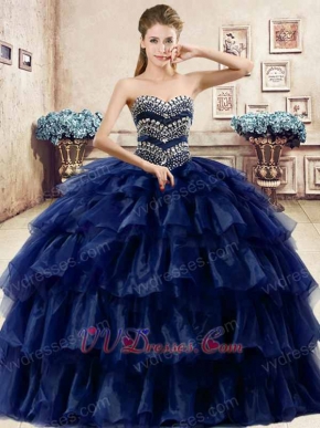 Navy Organza and Tulle Mixed Layers Cake Gown For Quinceaneara Ceremony Party