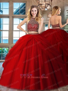 Two Pieces High Collar Rhombus Beadwork Blouse Pick-up Overlay Red Quince Court Dress