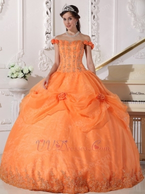 Off Shoulder Neckline Orange Organza Quinceanera Dress Cheap