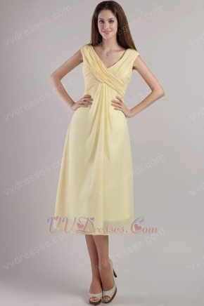 V Neckline Tea-length Yellow Chiffon Short Dress For Prom Party