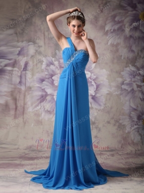 Beautiful One Shoulder Dodger Blue Prom Dress With Front Drap