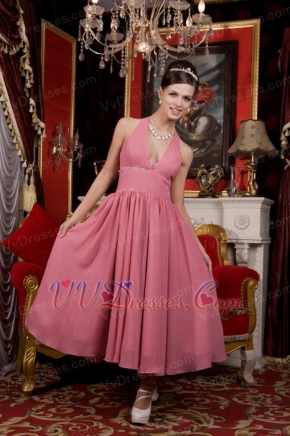 Old Rose Pink Halter Chiffon Tea-length Homecoming Dress Designer Knee Length Sexy