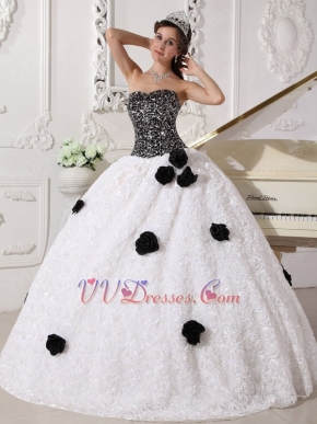 Black Sequin Fabric Rolled Fabric Flowers Skirt Quinceanera Dress