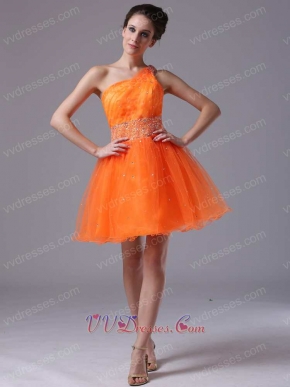 One Shoulder Flashy Orange Mini-length High School Prom Dress Warm Tone