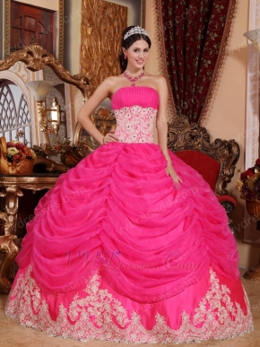 Appliqued Bottom Skirt Hot Pink Quinceanera Party Gown