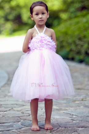 Lovely Halter Flowers Pink Net Toddler Flower Girl Dress