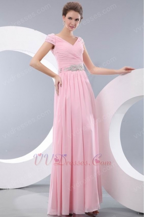 V-neck A-line Baby Pink Floor Length Chiffon Skirt Prom Dress