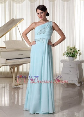 One Shoulder Chiffon Beaded Prom Dress For Custom Made Light Blue Inexpensive